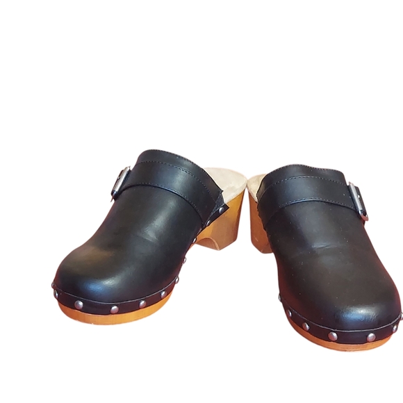 MIA Black Vegan Leather Silver Studded Clogs with Wooden Heel - Picture 5 of 14
